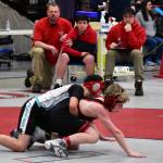 Students wrestle at the 2020 Southeast Alaska Middle School Wrestling Championship at Floyd Dryden Middle School on Friday. (Peter Segall | Juneau Empire)