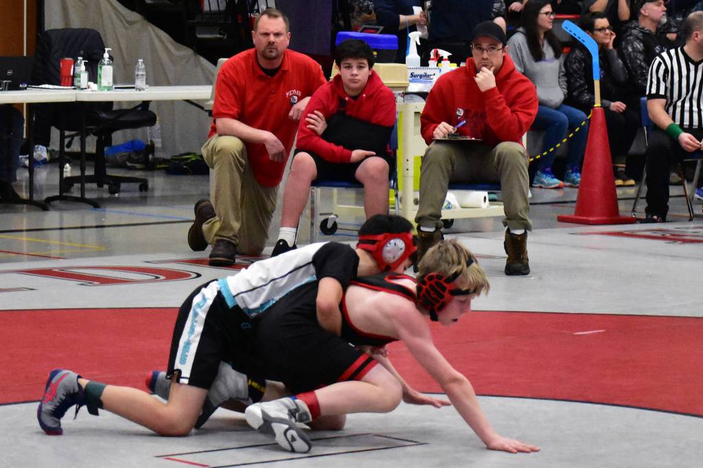 Students wrestle at the 2020 Southeast Alaska Middle School Wrestling Championship at Floyd Dryden Middle School on Friday. (Peter Segall | Juneau Empire)