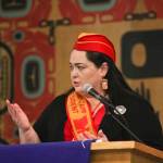 Alaska Native Brotherhood Grand Camp President Heather Gurko addresses the crowd during the Elizabeth Peratrovich Day celebration at the Tlingit and Haida Community Council on Sunday. (Michael S. Lockett | Juneau Empire)
