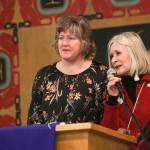 Rep. Sara Hannan and Rep. Andi Story address the crowd during the Elizabeth Peratrovich Day celebration at the Tlingit and Haida Community Council Sunday. (Michael S. Lockett | Juneau Empire)