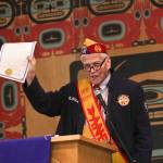 Alaska Native Brotherhood executive committee member Sasha Soboleff addresses the crowd during the Elizabeth Peratrovich Day celebration at the Tlingit and Haida Community Council on Sunday. (Michael S. Lockett | Juneau Empire)