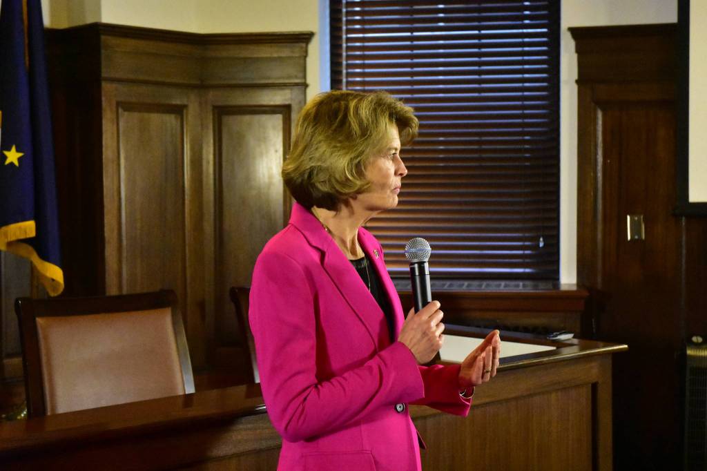 U.S. Sen. Lisa Murkowski, R-Alaska, speaks with reporters following her address to the Alaska Legislature on Tuesday. (Peter Segall | Juneau Empire)