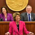 U.S. Sen. Lisa Murkowski, R-Alaska, addresses a joint session of the Alaska Legislature in the House chamber with Senate President Cathy Giessel, R-Anchorage, and House Speaker Bryce Edgmon, I-Dillingham on Tuesday. (Peter Segall | Juneau Empire)