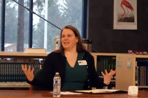 Kristine Kristy Germain, assistant principal for Dzantiki Heeni Middle School interviews Thursday morning at Thunder Mountain High School to be TMHS next principal. (Ben Hohenstatt | Juneau Empire)