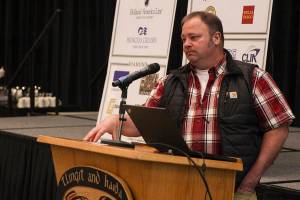 Eric Vance, manager of the Capitol Disposal Landfill, speaks at a Board of Commerce luncheon held in Elizabeth Peratrovich Hall on Thursday. (Michael S. Lockett | Juneau Empire)