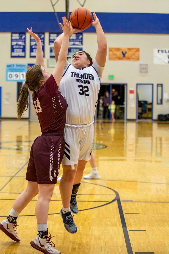 Letasi Fenumai shoots as Thunder Mountain High School plays against Ketchikan High School on Feb. 22, 2020. (Heather Holt | Courtesy photo)