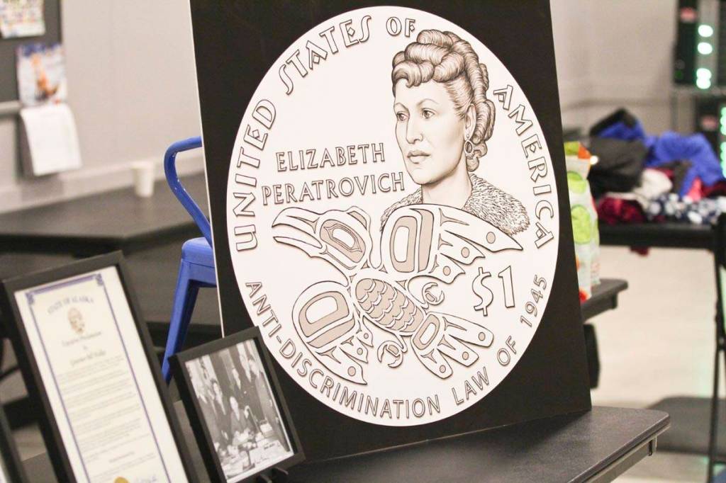 The design for the new gold $1 Elizabeth Peratrovich coin was on display during the Elizabeth Peratrovich Day celebration at the Tlingit and Haida Community Council on Feb. 16, 2020. (Michael S. Lockett | Juneau Empire)