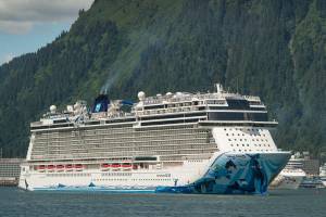 The Norwegian Bliss pulls out of Juneaus downtown harbor on June 12, 2018. Juneau Empire file photo