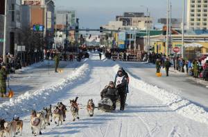 Defending champion Joar Lefseth Ulsom runs his team down Fourth Ave during the ceremonial start of the Iditarod Trail Sled Dog Race in Anchorage. Alaska Airlines announced Monday, March 2, 2020, it will drop its sponsorship of the Iditarod, Alaskas most famous sporting event. The airline in a statement said the decision was made as it transitions to a new corporate giving strategy, but People for the Ethical Treatment of Animals, the most vocal critic of the thousand-mile sled dog race across Alaska, immediately took credit. (AP Photo/Michael Dinneen, File)