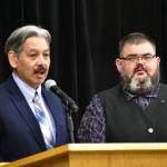 St. Paul Island Mayor Jacob Merculief, left speaks to the Native Issues Forum at Elizabeth Peratrovich Hall with Central Council of the Tlingit and Haida Indian Tribes of Alaska President Richard Chalyee Éesh Peterson on Monday, Mar. 2, 2020. (Peter Segall | Juneau Empire)
