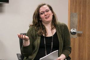 Kristina Moore-Jager addresses the audience on issues around suicide during the National Alliance on Mental Illness Inside Passages speaker series on March 3, 2020. (Michael S. Lockett | Juneau Empire)