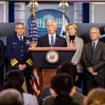 Vice President Mike Pence with, from left, U.S. Food and Drug Administration Commissioner Stephen Hahn, Coast Guard Vice Adm. Daniel Abel, White House coronavirus response coordinator Dr. Deborah Birx, Director of the National Institute of Allergy and Infectious Diseases at the National Institutes of Health Anthony Fauci and Assistant Secretary for Preparedness and Response at the Department of Health & Human Services Robert Kadlec, speaks to reporters during a coronavirus briefing in the Brady press briefing room of the White House, Friday, March 6, 2020, in Washington. (AP Photo/Manuel Balce Ceneta)