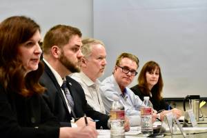 From left to right, Sarah Hargrave, Southeast Alaska regional nurse manager for the Alaska Public Health Association; Adam Crum, Department of Health and Social Services commissioner; Ralph Samuels, vice president of government and community relations for Holland America; Chuck Bill, CEO for Bartlett Regional Hospital; and Bridget Weiss, Juneau School District superintendent; sit during a COVID-19-focused meeting at Juneau City Hall on Monday, March 9. (Peter Segall | Juneau Empire)
