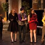 Mr. Green (Aria Moore), Professor Plum (Jager Hunt), Miss Scarlet (Amanda McDowell) and Colonel Mustard (Cahal Burnham) are surprised by something Wadsworth found just out of sight while rehearsing for JDHS production of Clue: On Stage. (Ben Hohenstatt | Juneau Empire)