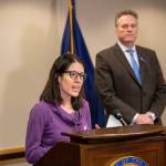 Dr. Anne Zink, chief medical officer for the State of Alaska, front, and Gov. Mike Dunleavy at a press conference in Anchorage on Thursday, March 19, 2020. (Courtesy photo | Office of Gov. Mike Dunleavy)