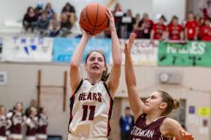 Kendyl Carson hoists a shot during a win against Ketchikan during the Region V Basketball Tournament. (Courtesy Photo | Heather Holt)