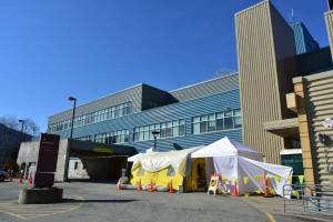 A special quarantine tent set up outside Bartlett Regional Hospitals emergency room on Monday, March 30, 2020. (Peter Segall | Juneau Empire File)