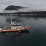 A Coast Guard Station Juneau 45-foot medium response boat patrols Auke Bay during an exercise in 2018. Coast Guardsmen from Station Juneau aboard a similar boat rescued two stranded kayakers on Couverden Island on May 1, 2020. (Lt. Brian Dykens | U.S. Coast Guard)