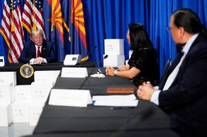 President Donald Trump speaks during a roundtable on supporting Native Americans, Tuesday, May 5, 2020, in Phoenix. (AP Photo/Evan Vucci)