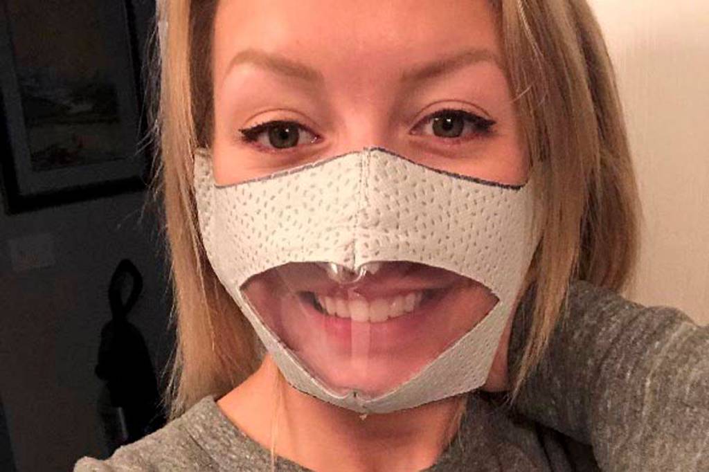 Courtesy photo | Kaia Rongstad                                 Kaia Rongstad, an owner of Northland Audiology and Hearing Services, demonstrates a new style of mask that allows the hearing-impared to see the users mouth, facilitating communication.