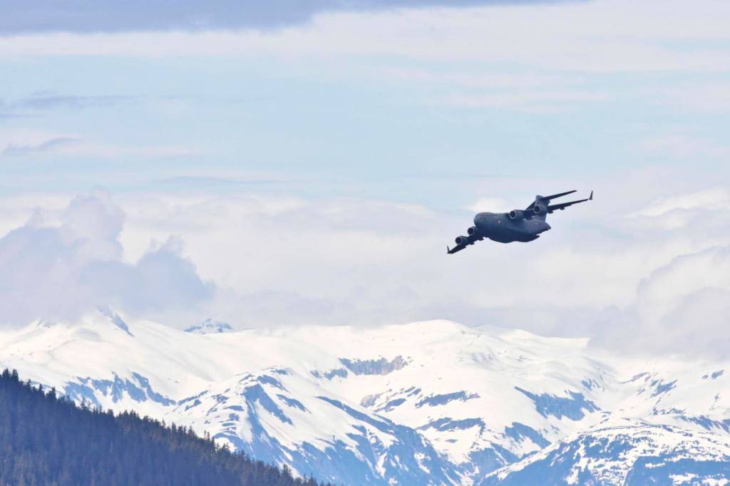 C-17 Globemaster III cargo planes from Joint Base Elmendorf-Richardson performed a flyby over Juneau on May 15, 2020, to support the efforts of medical and emergency personnel in the face of the coronavirus. (Michael S. Lockett | Juneau Empire)