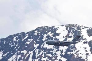 C-17 Globemaster III cargo planes from Joint Base Elmendorf-Richardson performed a flyby over Juneau on May 15, 2020, to support the efforts of medical and emergency personnel in the face of the coronavirus. (Michael S. Lockett | Juneau Empire)