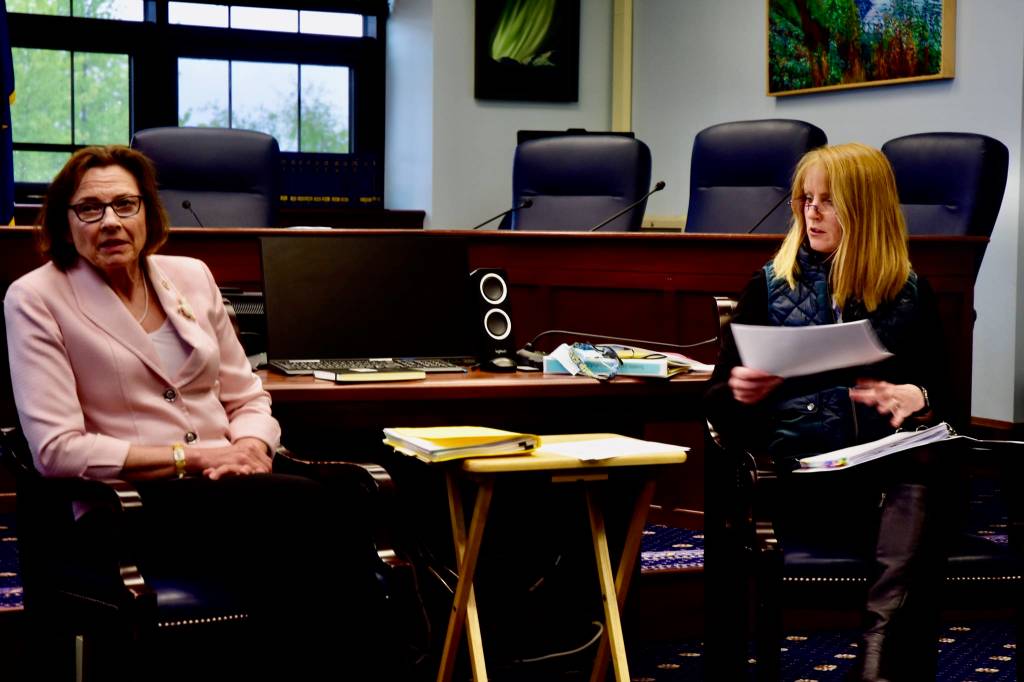 Senate President Cathy Giessel, R-Anchorage, and Senate Finance Committee co-chair Natasha Von Imhof, R-Anchorage, held a press conference with reporters to discuss the status of the ratification bill and how federal funds could be used, on Tuesday, May 19, 2020. (Peter Segall | Juneau Empire)