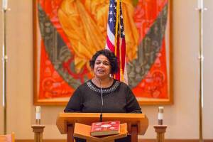 Sherry Patterson, president of the Black Awareness Association, Juneau, speaks during a Martin Luther King Jr. Day community celebration held at St. Pauls Catholic Church on Jan. 20, 2020. Patterson is one of many who raised their voice following the death of George Floyd in police custody. (Michael S. Lockett | Juneau Empire)