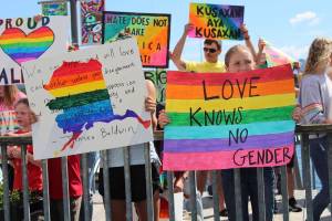 Ketchikan residents turn out to show support to the LGBTQ community after a florist refused service to a gay couple on June 5, 2020. (Courtesy photo | Tommy Varela)