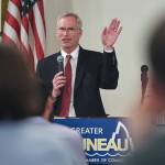 Jim Johnsen, president of the University of Alaska, speaks to the Juneau Chamber of Commerce at the Moose Lodge in November 2019. (Michael Penn | Juneau Empire File)