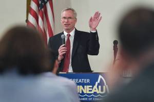 Jim Johnsen, president of the University of Alaska, speaks to the Juneau Chamber of Commerce at the Moose Lodge in November 2019. (Michael Penn | Juneau Empire File)