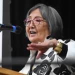 Rosita Worl, president of Sealaska Heritage Institute, gives a presentation at the Sharing Our Knowledge event in September 2019. (Michael Penn | Juneau Empire File)