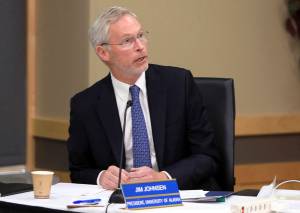 University of Alaska President Jim Johnsen speaks in July 2019 at a meeting in Anchorage, Alaska. Johnsen, the embattled University of Alaska president, has resigned, the university announced Monday, June 22, 2020. The change in leadership was a mutual decision made after Johnsen consulted with the Board of Regents, according to a statement. His biography was immediately removed from the universitys web page. (AP Photo | Dan Joling)