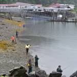 Peter Segall | Juneau Empire                                 Fishermen along Channel Drive in Juneau on Friday, June 26, 2020. The Douglas Island Pink and Chum hatchery, seen in the distance, has reported much smaller returns of chum salmon this year. Hatchery officials are concerned about getting enough fish to maintain their broodstock.
