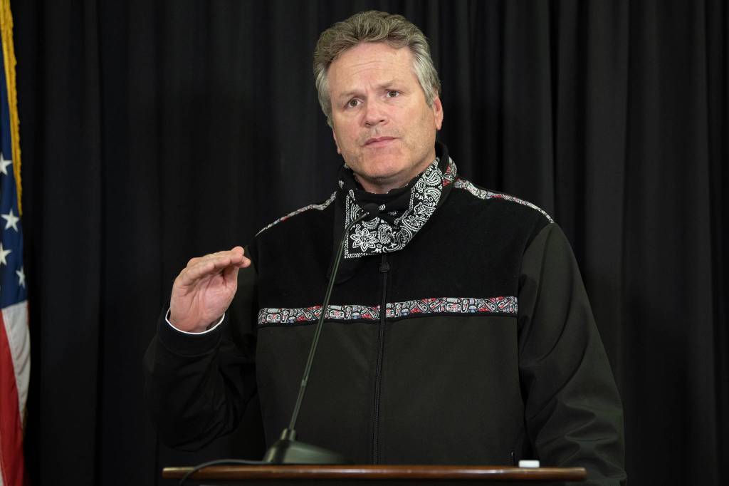 Gov. Mike Dunleavy speaks at a news conference July 7. Dunleavy said Alaskans should take care to take small steps, such as social distancing and wearing masks, to limit the spread of COVID-10. (Courtesy Photo | Office of Gov. Mike Dunleavy)