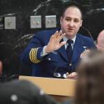 Capt. Steve White, from U.S. Coast Guard Sector Juneau, gives a presentation to the Visitor Industry Task Force in the Assembly chambers on Tuesday, Jan. 7, 2020. (Michael Penn / Juneau Empire File)
