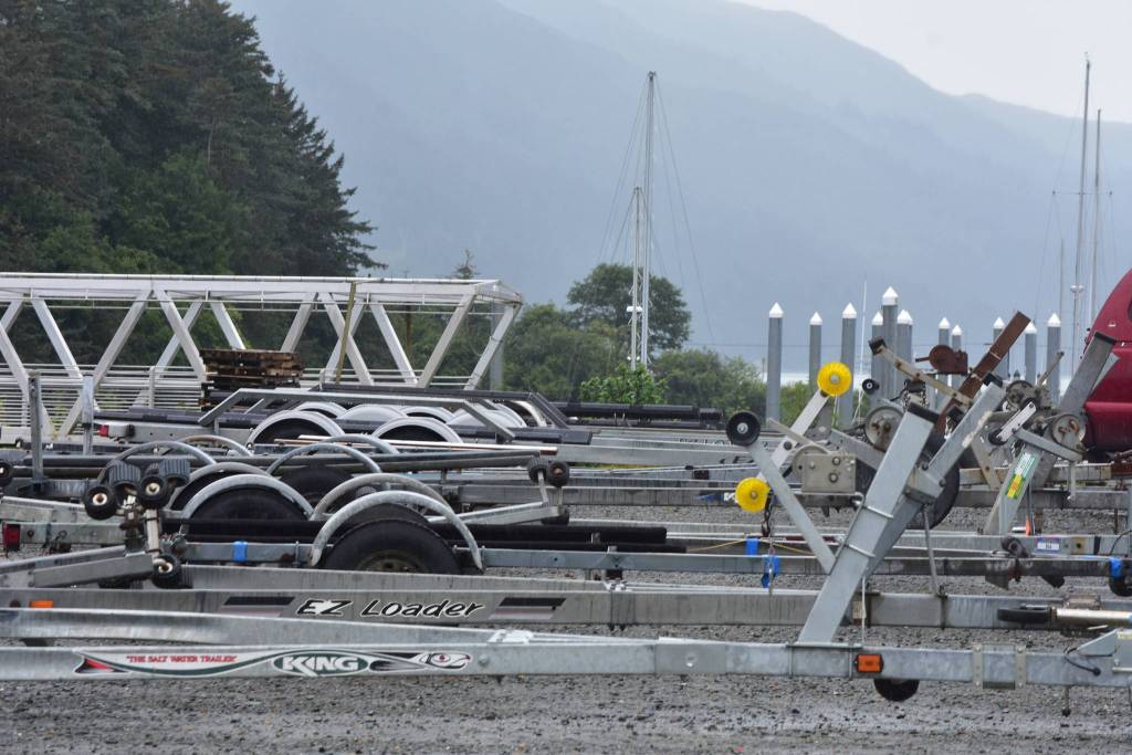 The parking lot near the Mike Pusich Douglas Harbor boat ramp was full of empty boat trailers Friday, Aug 14, 2020, for the first day of this years Golden North Salmon Derby. (Peter Segall / Juneau Empire)