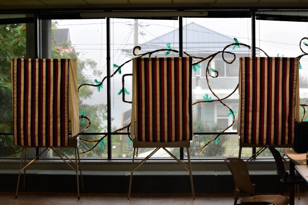 Polling booths stand ready for voters at the Douglas Community Building for the 2020 Primary Election on Tuesday, Aug. 18, 2020. (Peter Segall / Juneau Empire)