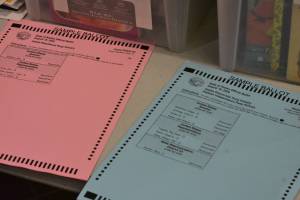 Sample ballots laid out at the polling place in the Douglas Community Building for the 2020 Primary Election on Tuesday, Aug. 18, 2020. (Peter Segall / Juneau Empire)