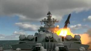 In this undated video grab provided by Russian Defense Ministry Press Service, Russias Varyag missile cruiser fires a cruise missile as part of the Russian navy manoeuvres in the Bering Sea. The Russian navy has conducted massive war games near Alaska involving dozens of ships and aircraft, the biggest such drills in the area since Soviet times. (Russian Defense Ministry Press Service)