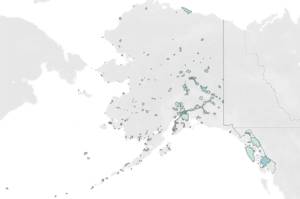 This screenshot from a project by University of Alaska Southeast postdoctoral researcher John Harley shows Alaskas cities and census-designated places. Darker-colored areas on the map are communities with higher social vulnerability indices. (Screenshot)