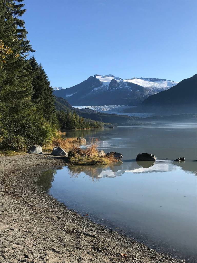 Early morning fog and skim ice float on Mendenhall Lake. Sept. 6, 2020. (Courtesy Photo / Gretchen Keiser)