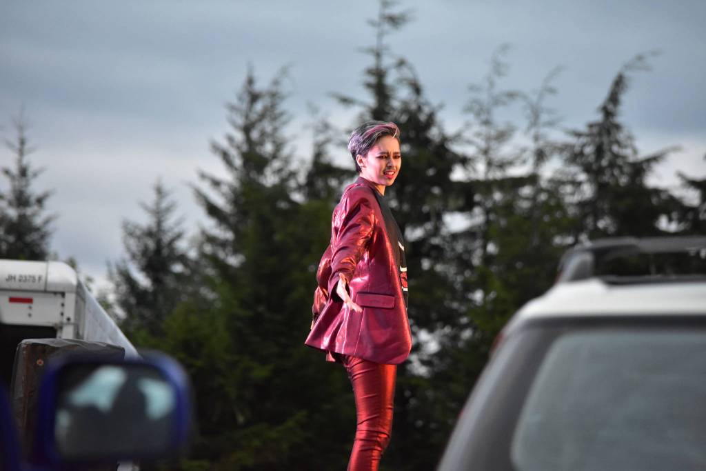 Peter Segall / Juneau Empire                                 Blake Slate perfoms on a stage in the University of Alaska Southeast parking lot for the 2020 GLITZ Drive-in Drag Show on Saturday, Aug. 29, 2020.