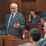 Sen. John Coghill, R-North Pole, expresses his sadness about the effect the budget will have on his community during a Joint Session of Alaska Legislature at the Capitol on Thursday, July 11, 2019. A recount has affirmed Cohhill lost a tight primary race. (Michael Penn / Juneau Empire File)