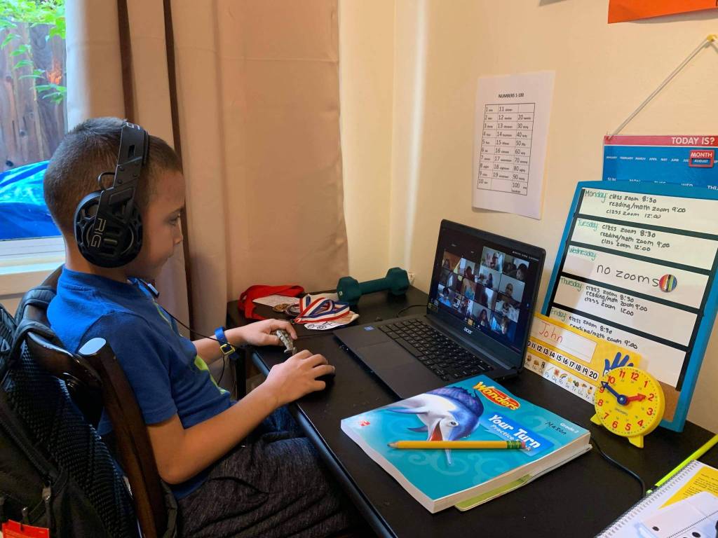 Mason John attends class with his schoolmates from Sayéik Gastineau Community School over Zoom, Sept. 3, 2020. (Courtesy photo / Marjorie John)