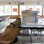 Learning bundles await pickup at Riverbend Elementary School on Friday, Sept. 4, 2020. Principal Elizabeth Pisel-Davis said the materials ensure that not all learning is done via screens. Materials include things such as sketch books and math manipulative materials  objects that allow students to work out match concepts with physical items. (Ben Hohenstatt / Juneau Empire)