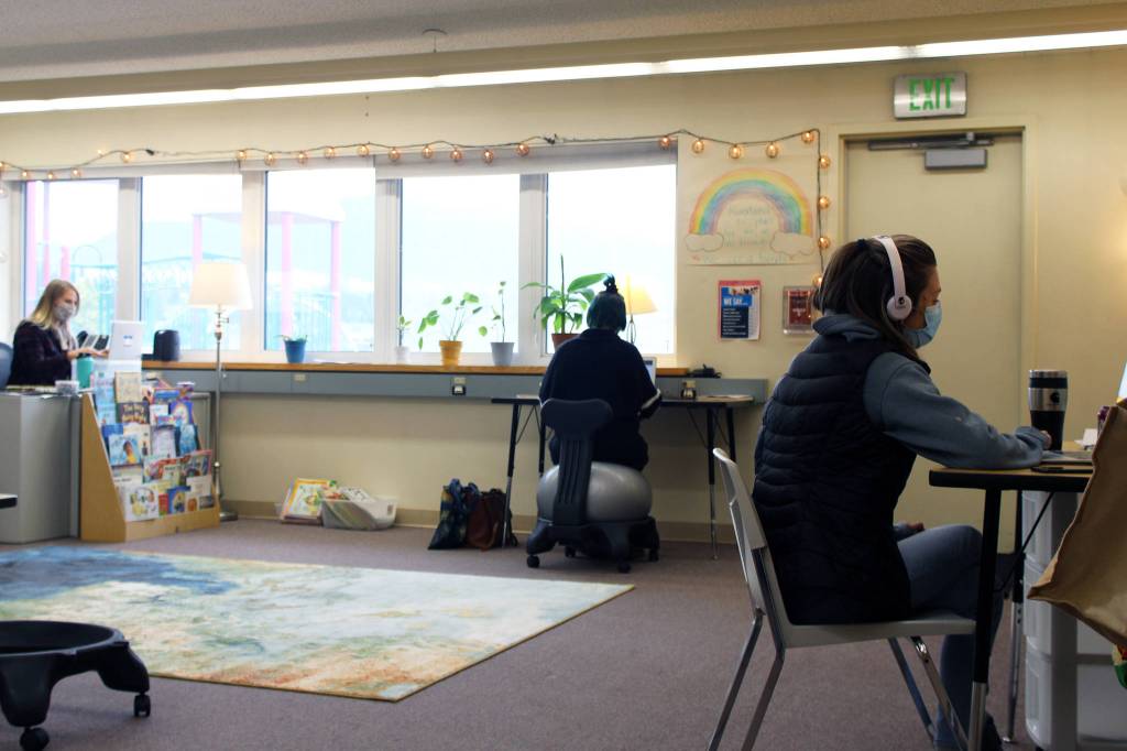 Riverbend Elementary Schools primary special education team, special education teacher Meg Elliott and paraprofessionals Mariah Mathews and Donna Cashen work while socially distanced in a Riverbend Elementary School classroom, Friday, Sept. 4, 2020. (Ben Hohenstatt / Juneau Empire)