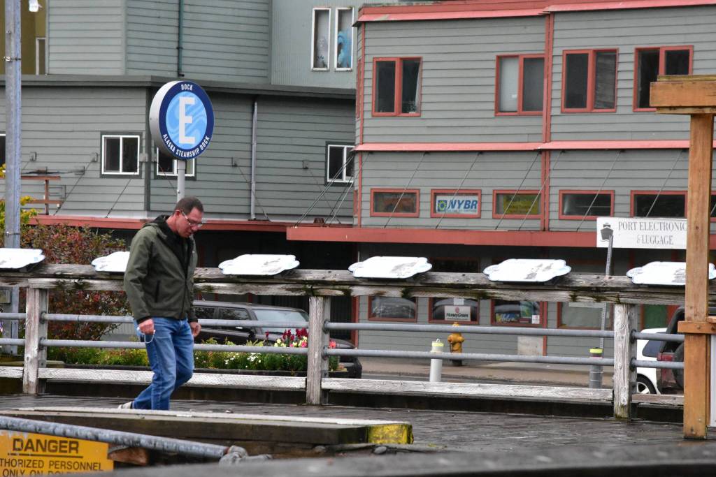 Dr. Al Gross whos running for U.S. Senate took a short walk in downtown Juneau before speaking to a crowd of several dozen at Marine Park on Saturday, Sept. 19, 2020. (Peter Segall / Juneau Empire)