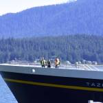Peter Segall / Juneau Empire file                                Crew members on the Tazlina standby as the vessel docks at the Auke Bay Ferry Terminal on May 16.