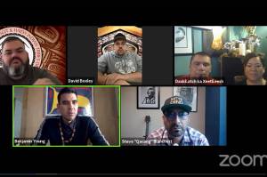 Tlingit and Haida President Richard Chalyee Éesh Peterson, David R. Boxley, Lyle and Kolene James, Stephen Qacung Blanchett and Ben and Maria Young participate in Tlingit and Haidas Indigenous Peoples Day celebration. This years event was held virtually. It was one of several such virtual events held throughout the state in observation of the holiday. (Screenshot)